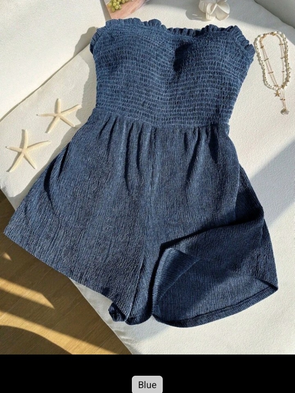SHEIN Navy Blue Smocked Strapless Romper Shorts